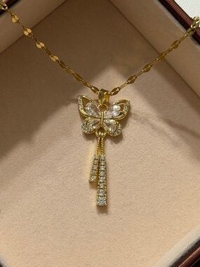 Golden Zirconia Butterfly Tassel Pendant Stainless Steel Stamped Necklace Chain